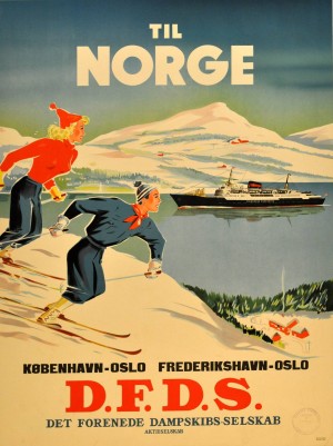 Original Vintage Poster Advertising Skiing In Norway By DFDS